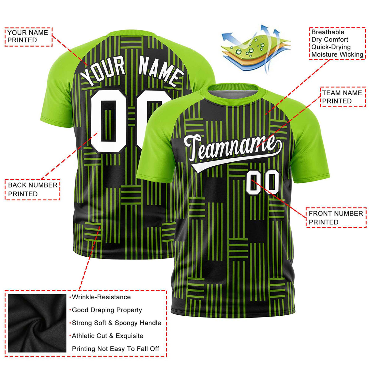 Custom Black-Neon Green Personalized Line Pattern Performance T-Shirt