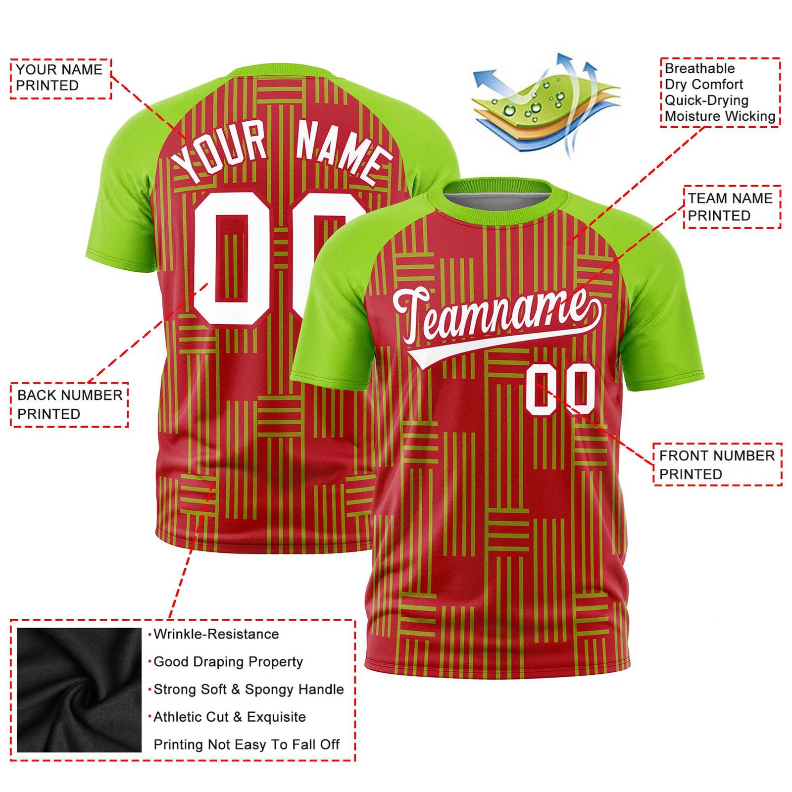 Custom Red-Neon Green Personalized Line Pattern Performance T-Shirt