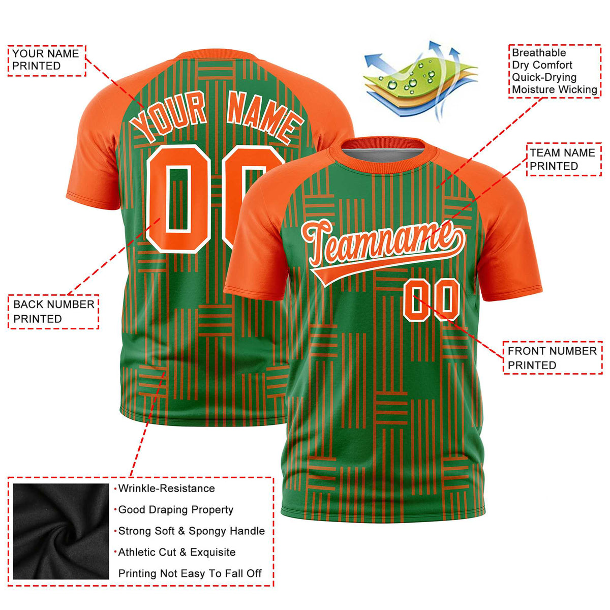 Custom Kelly Green-Orange Personalized Line Pattern Performance T-Shirt