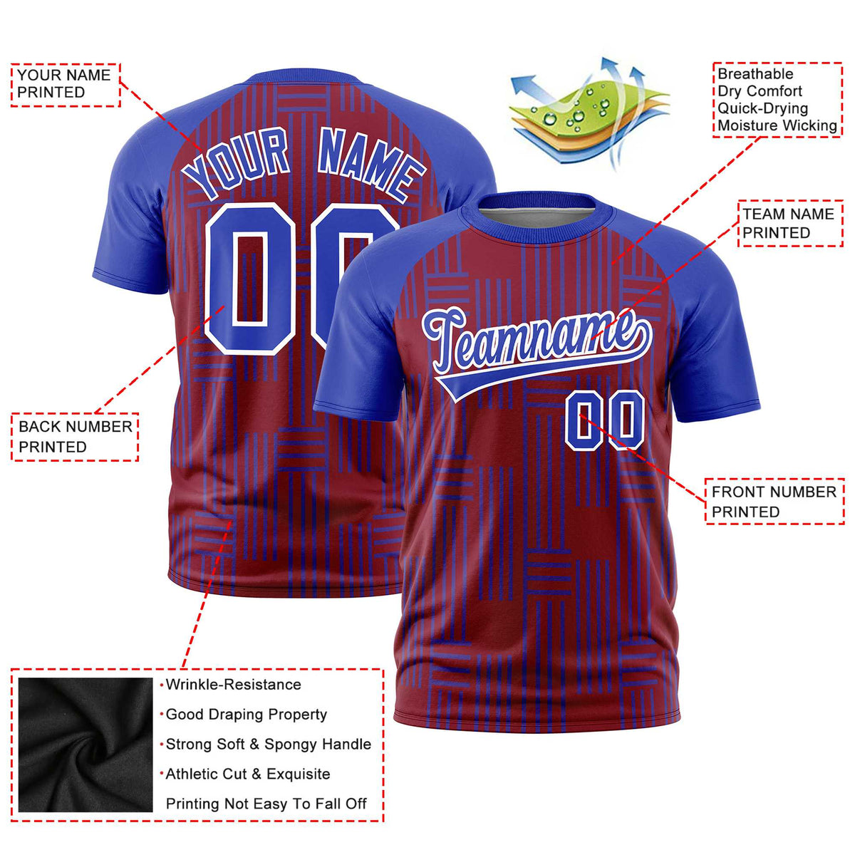 Custom Crimson-Royal Blue Personalized Line Pattern Performance T-Shirt