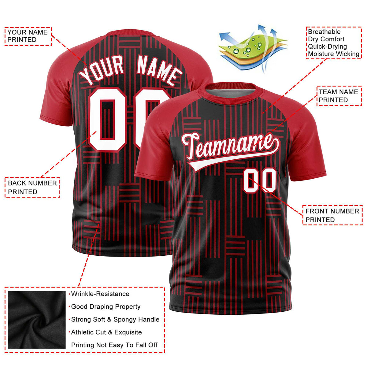 Custom Black Red Personalized Line Pattern Performance T-Shirt