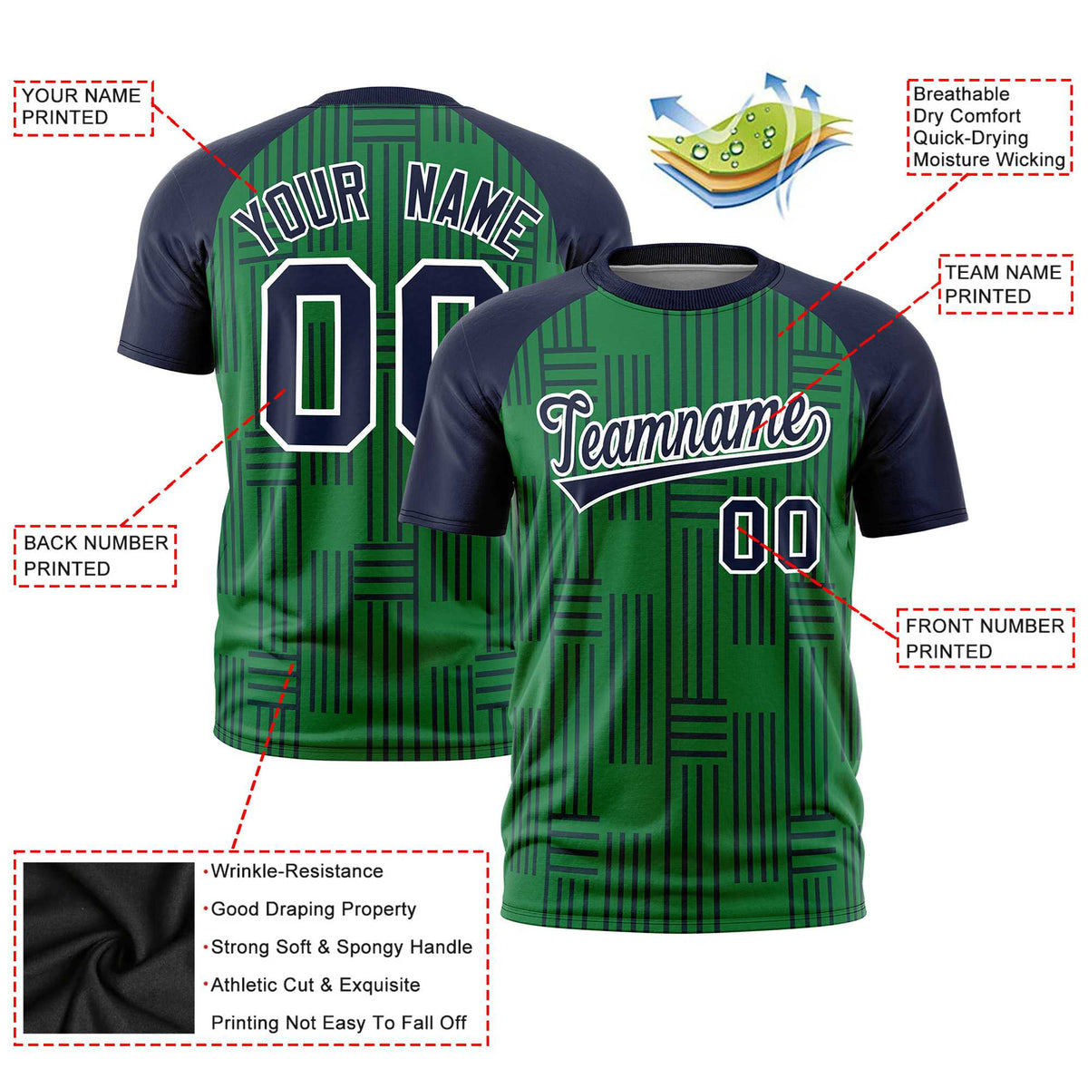 Custom Kelly Green-Navy Personalized Line Pattern Performance T-Shirt