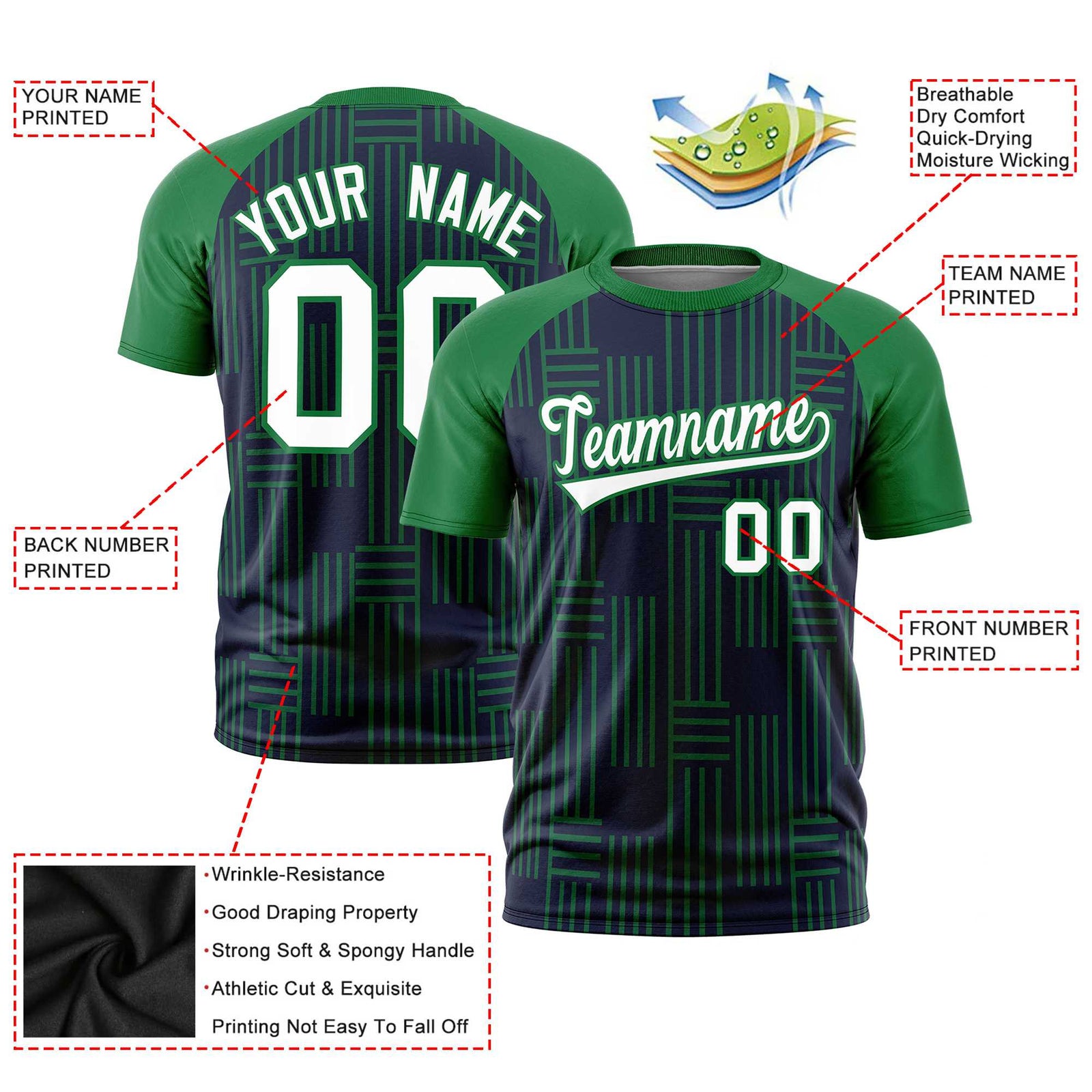 Custom Navy-Kelly Green Personalized Line Pattern Performance T-Shirt