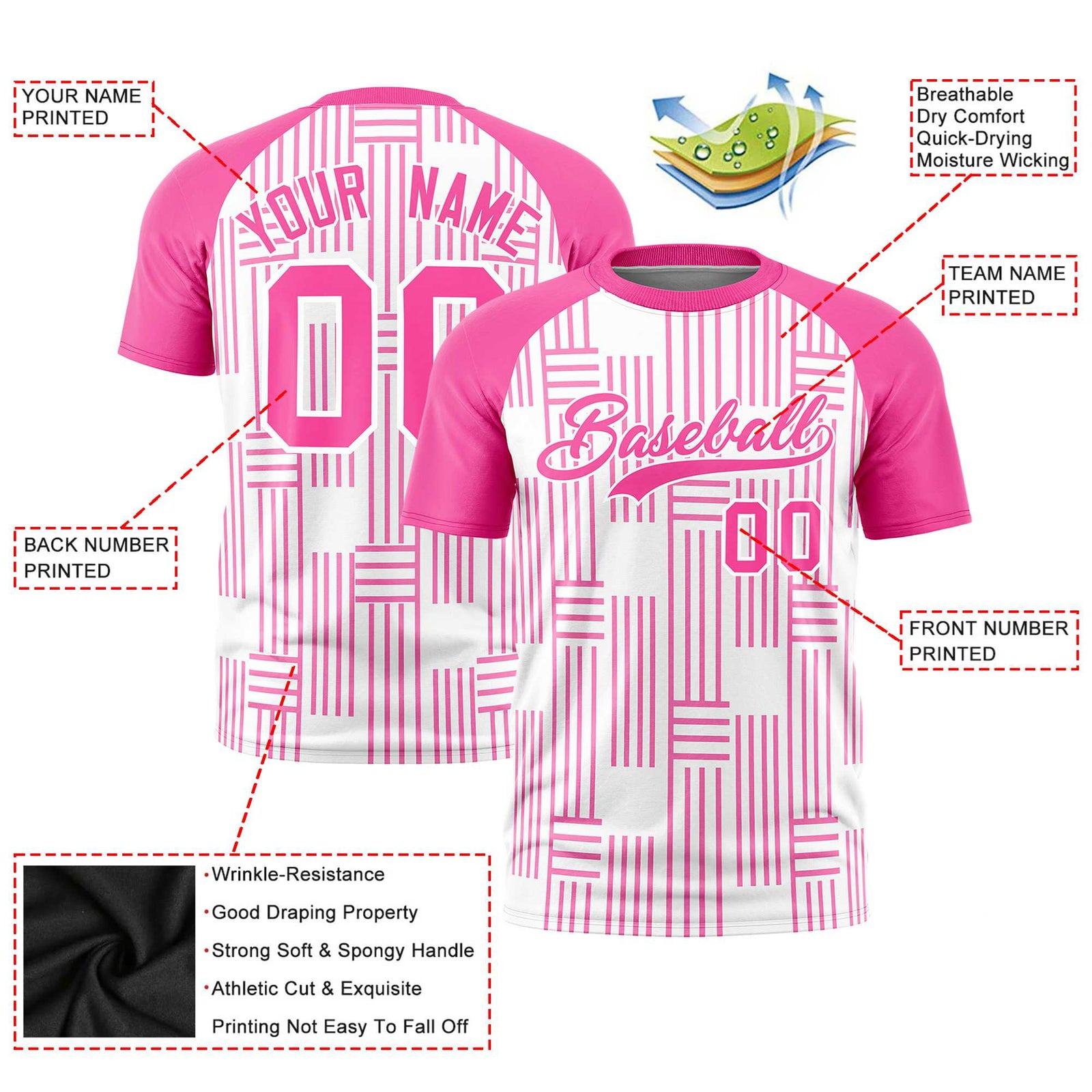 Custom White Pink Personalized Line Pattern Performance T-Shirt