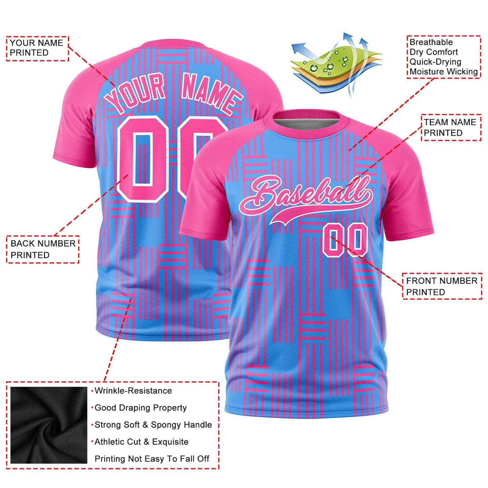 Custom Powder Blue-Pink Personalized Line Pattern Performance T-Shirt
