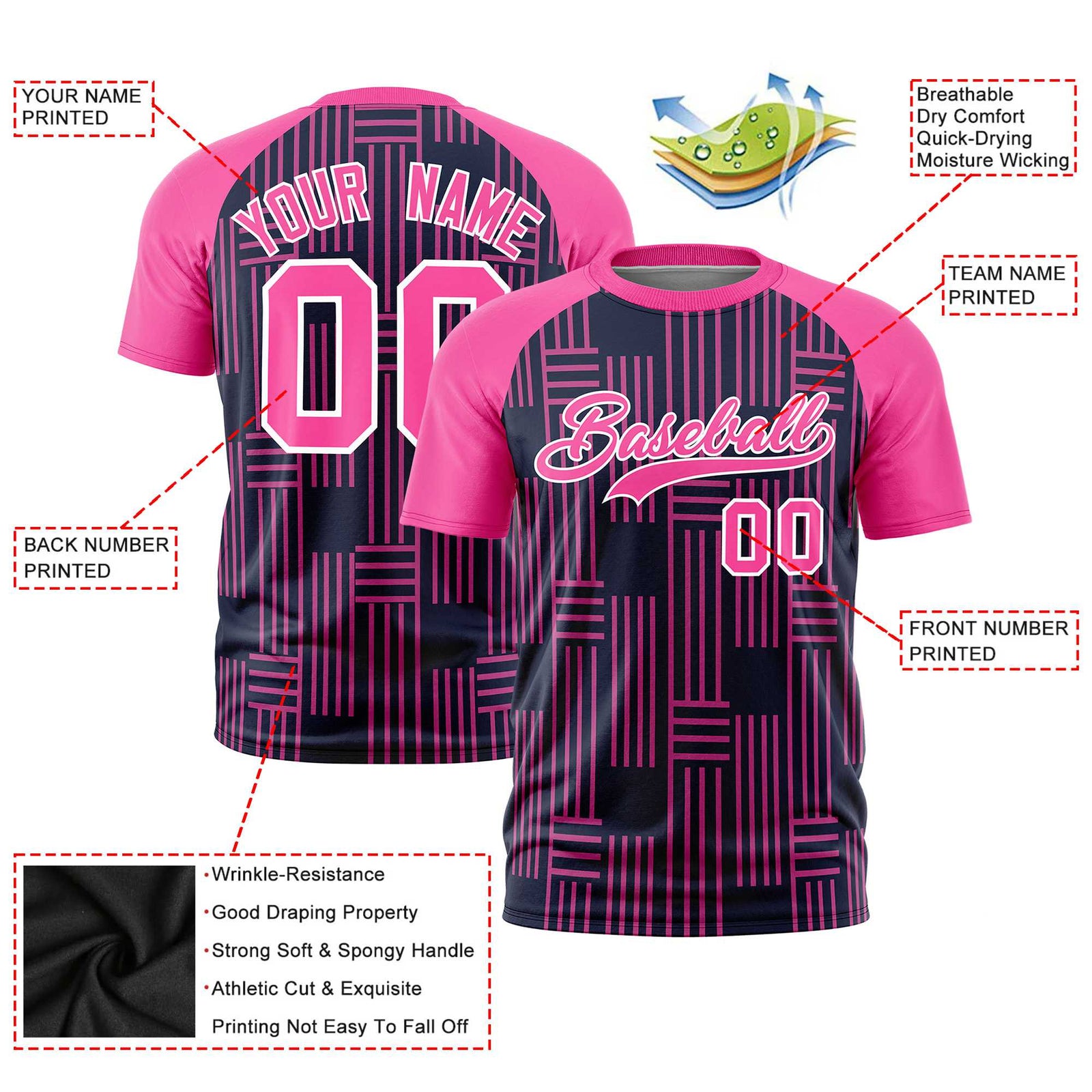Custom Navy Pink Personalized Line Pattern Performance T-Shirt