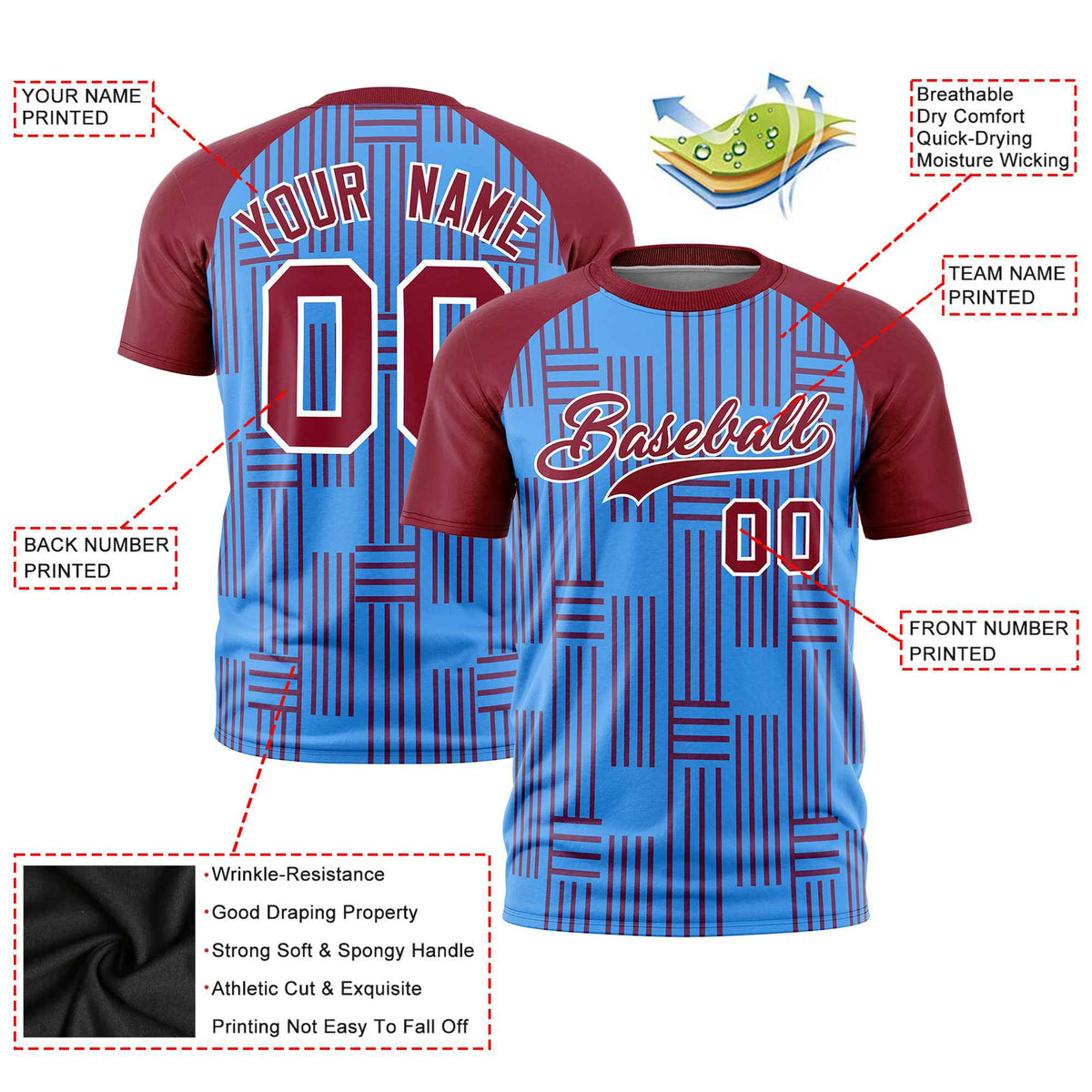 Custom Powder Blue-Crimson Personalized Line Pattern Performance T-Shirt