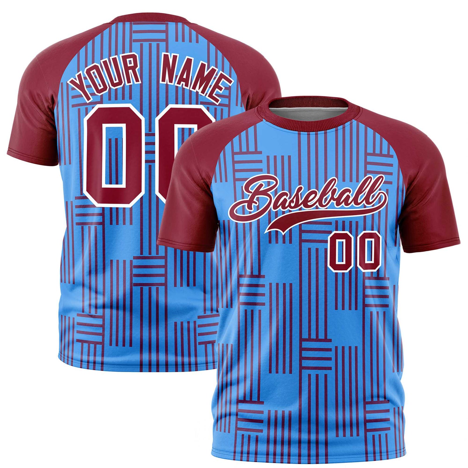 Custom Powder Blue-Crimson Personalized Line Pattern Performance T-Shirt