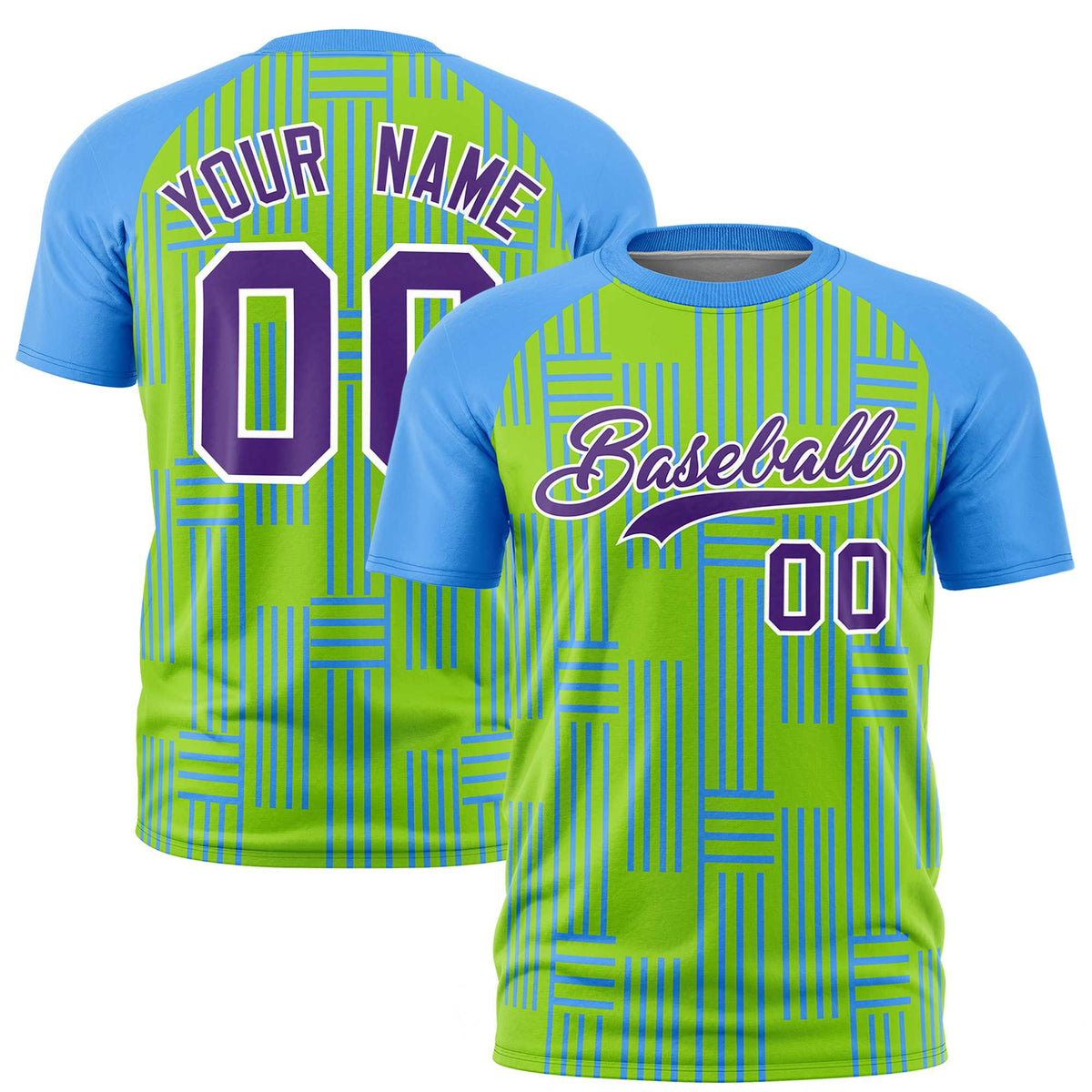 Custom Neon Green-Powder Blue Personalized Line Pattern Performance T-Shirt