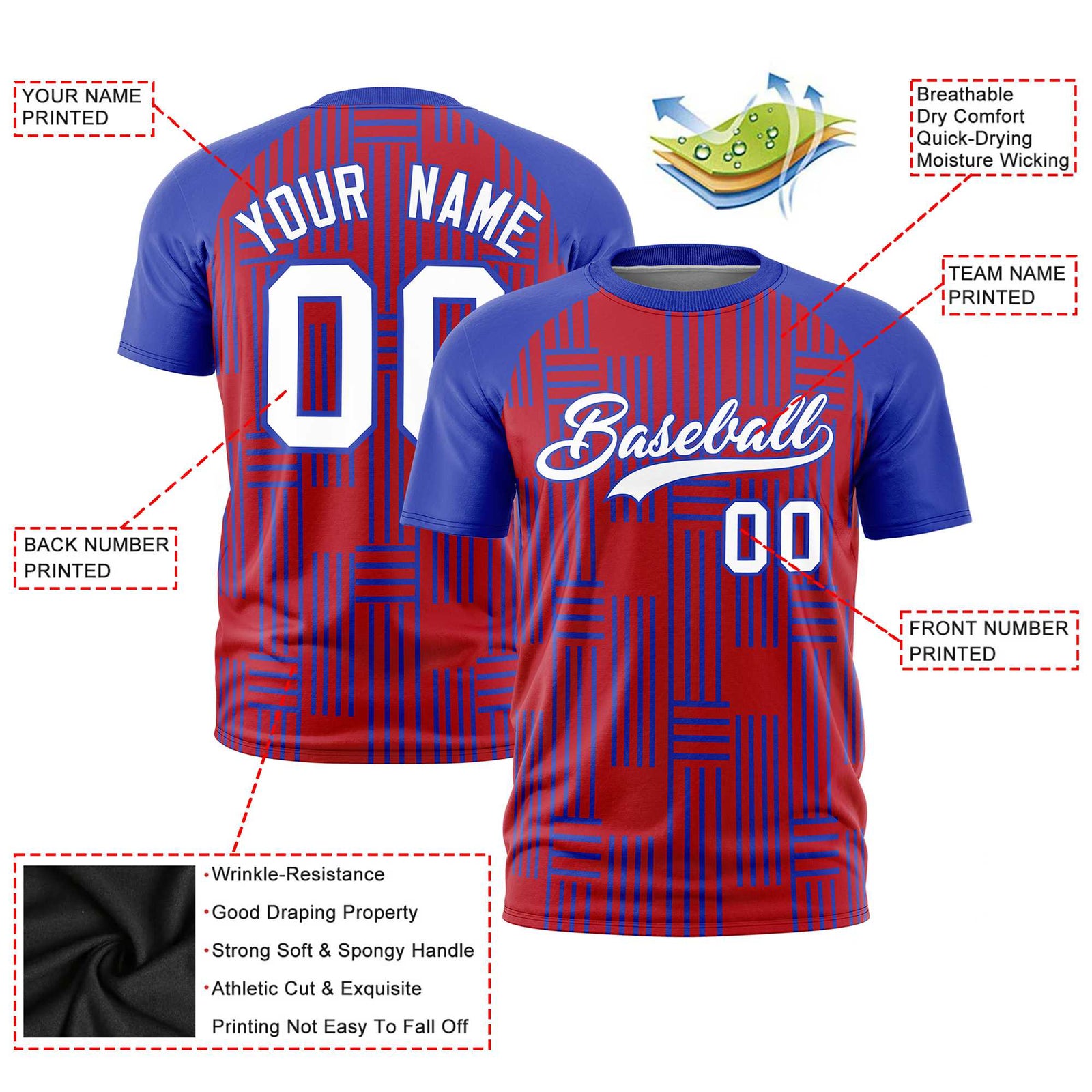 Custom Red-Royal Blue Personalized Line Pattern Performance T-Shirt