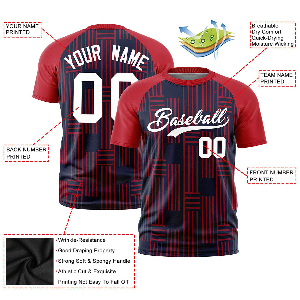 Custom Navy Red Personalized Line Pattern Performance T-Shirt
