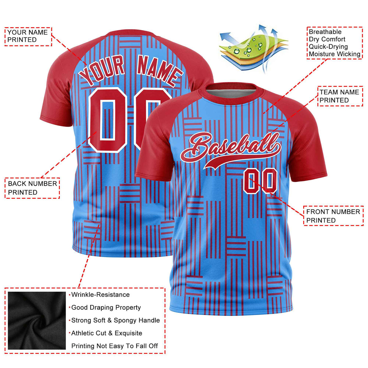 Custom Powder Blue-Red Personalized Line Pattern Performance T-Shirt