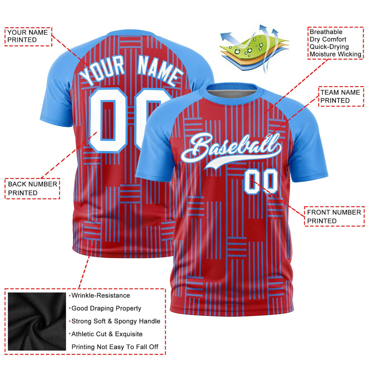 Custom Red-Powder Blue Personalized Line Pattern Performance T-Shirt