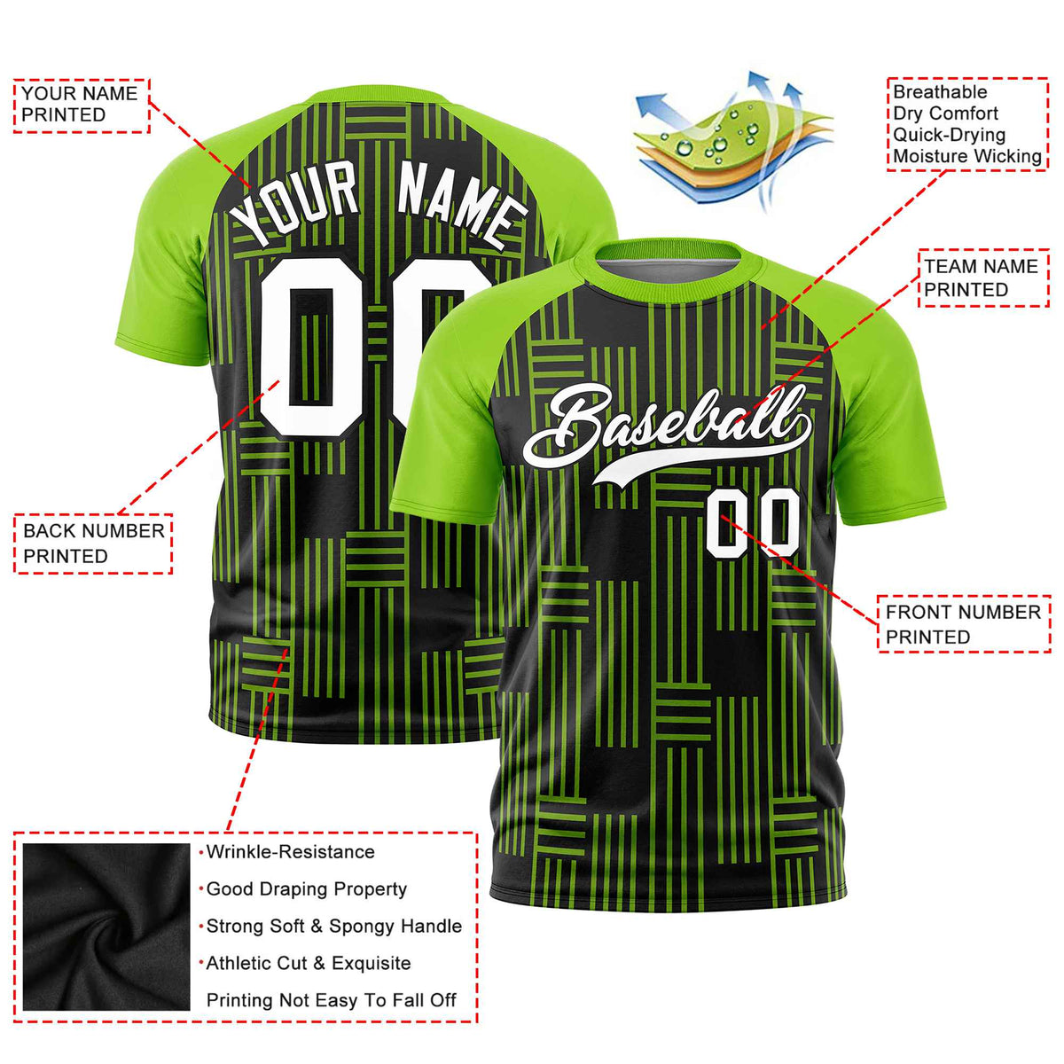 Custom Black-Neon Green Personalized Line Pattern Performance T-Shirt