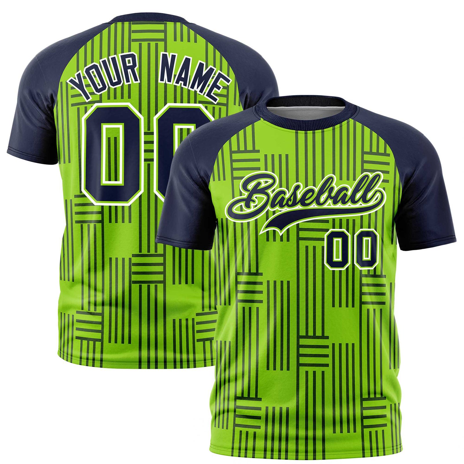 Custom Neon Green-Navy Personalized Line Pattern Performance T-Shirt