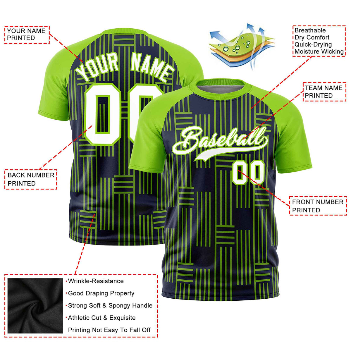 Custom Navy-Neon Green Personalized Line Pattern Performance T-Shirt