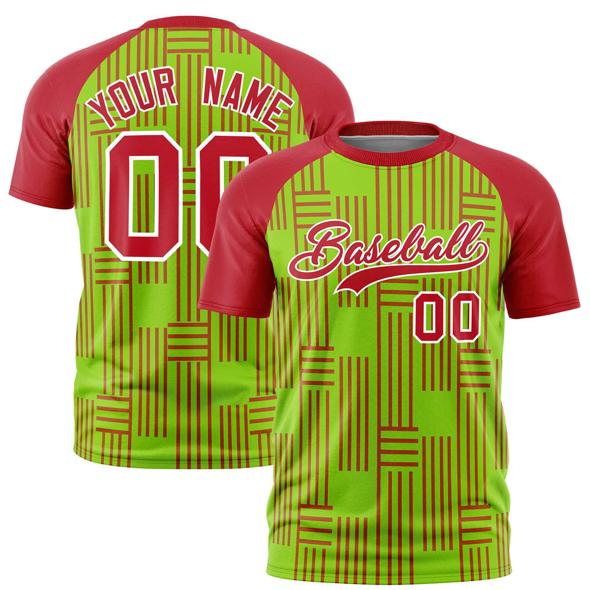 Custom Neon Green-Red Personalized Line Pattern Performance T-Shirt