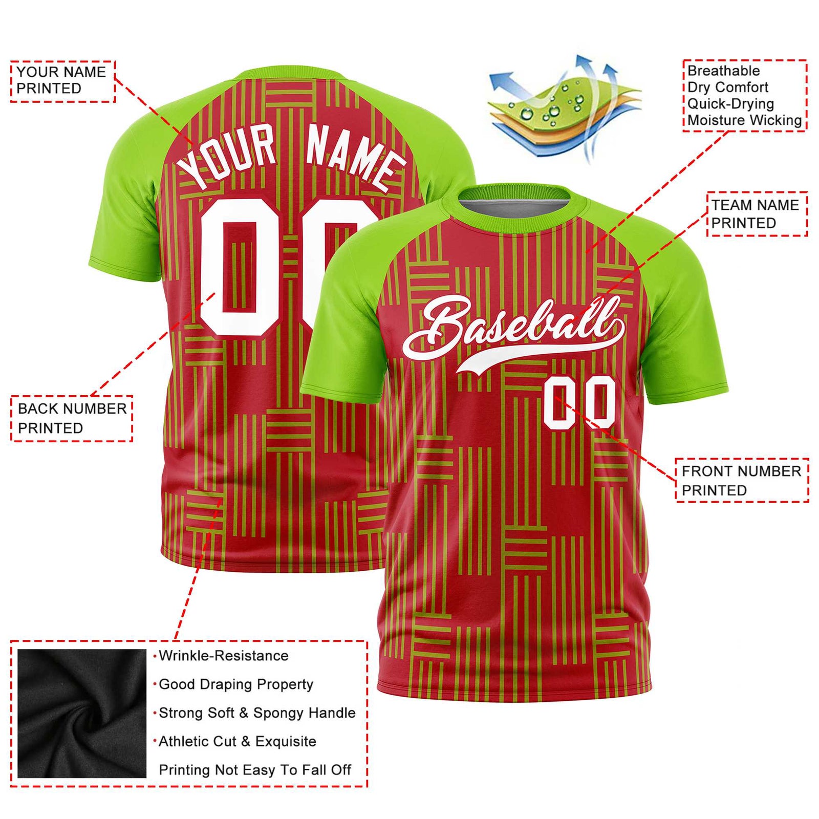Custom Red-Neon Green Personalized Line Pattern Performance T-Shirt