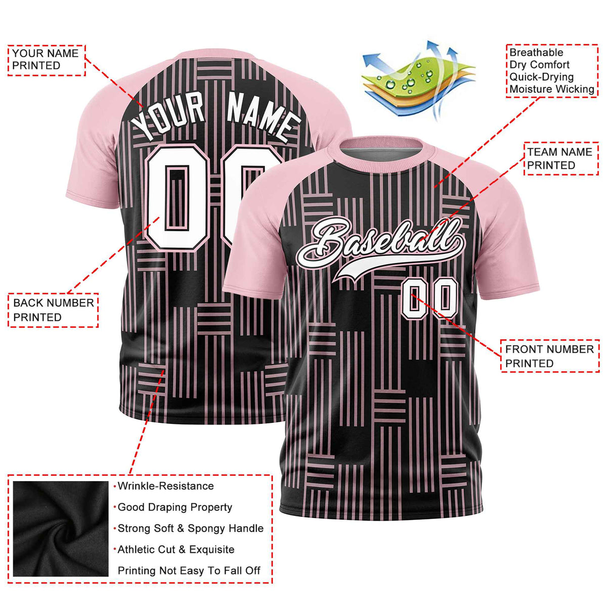 Custom Black-Light Pink Personalized Line Pattern Performance T-Shirt