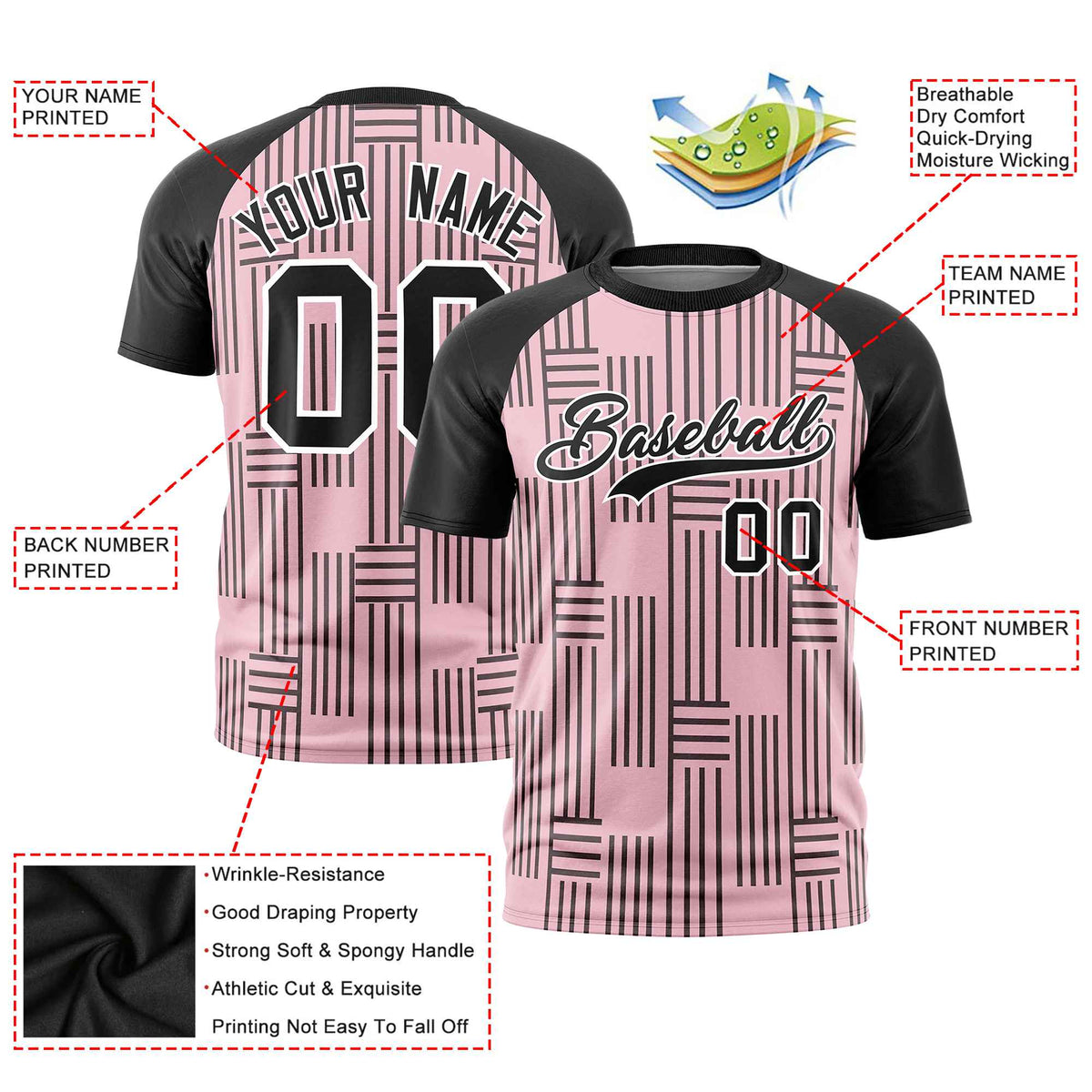 Custom Light Pink-Black Personalized Line Pattern Performance T-Shirt