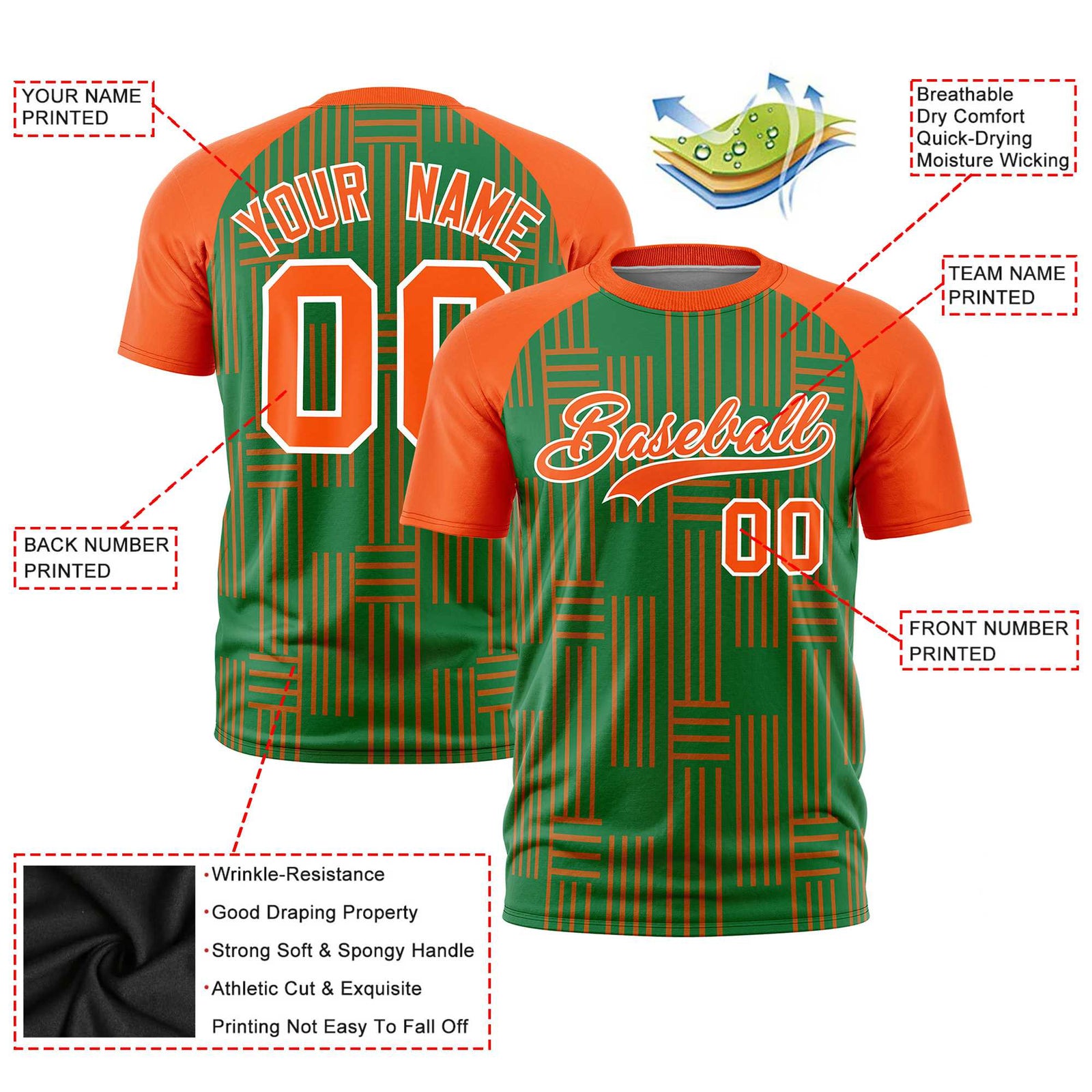 Custom Kelly Green-Orange Personalized Line Pattern Performance T-Shirt