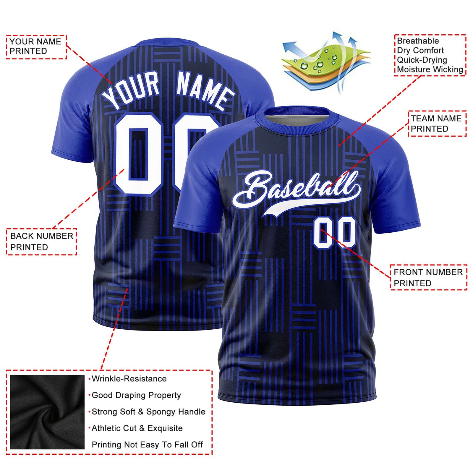 Custom Navy-Royal Blue Personalized Line Pattern Performance T-Shirt