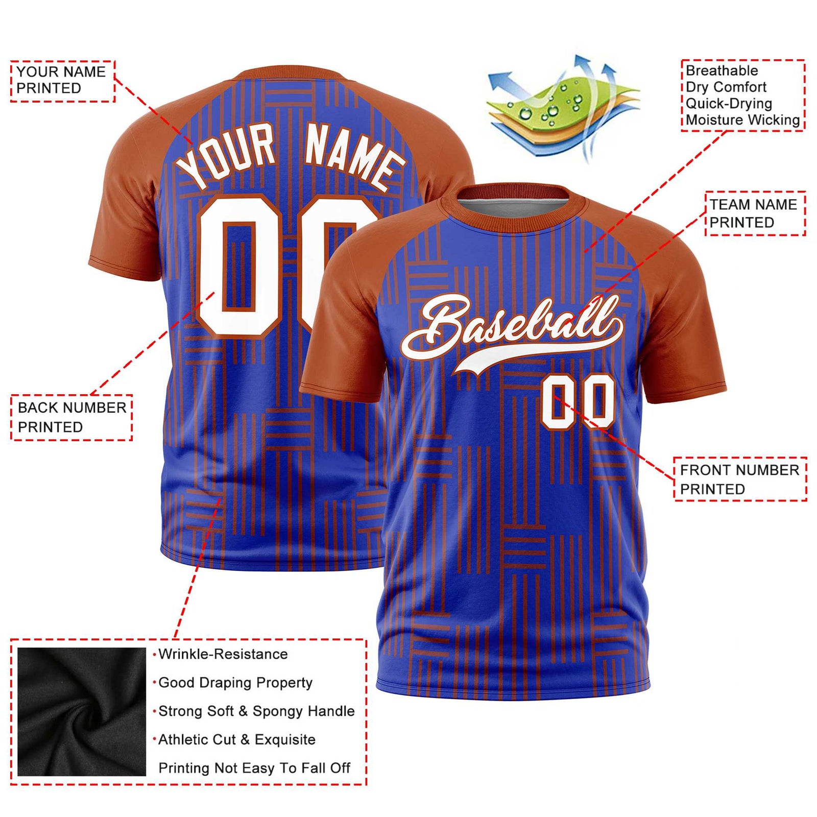Custom Royal Blue-Texas Orange Personalized Line Pattern Performance T-Shirt