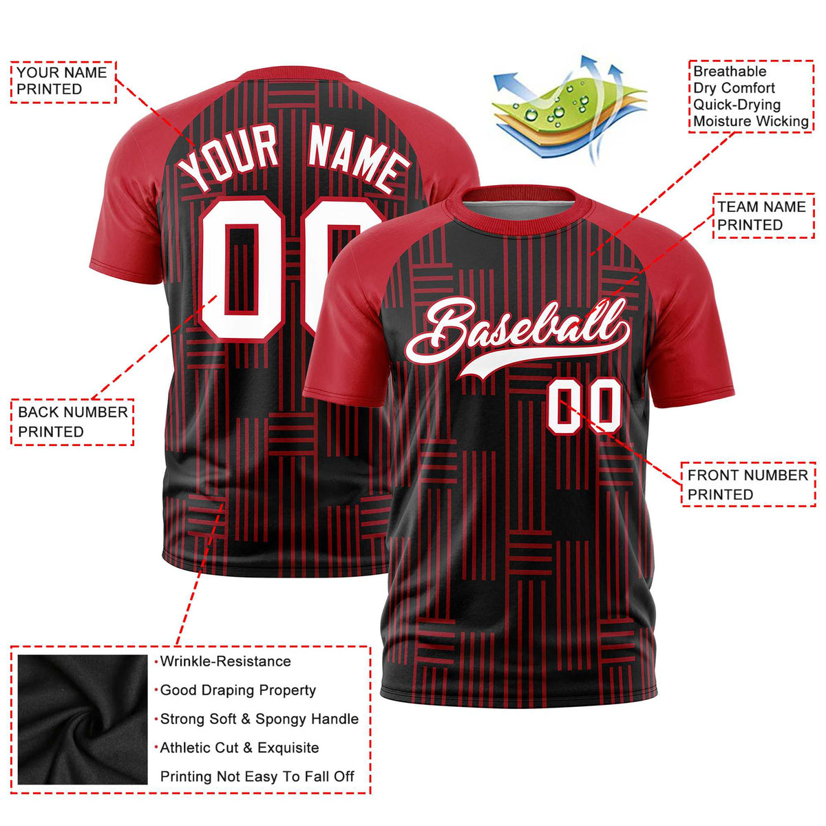 Custom Black Red Personalized Line Pattern Performance T-Shirt
