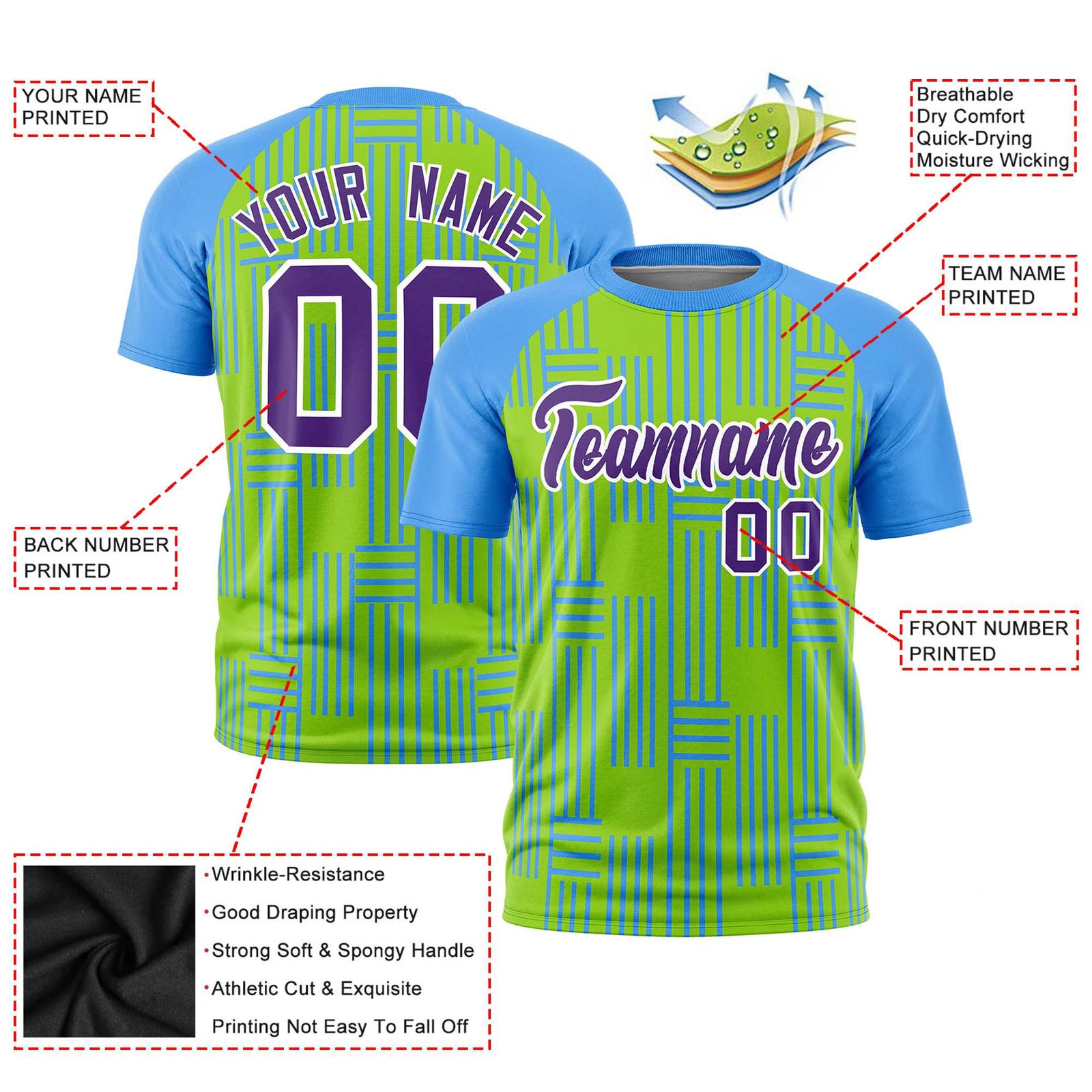 Custom Neon Green-Powder Blue Personalized Line Pattern Performance T-Shirt