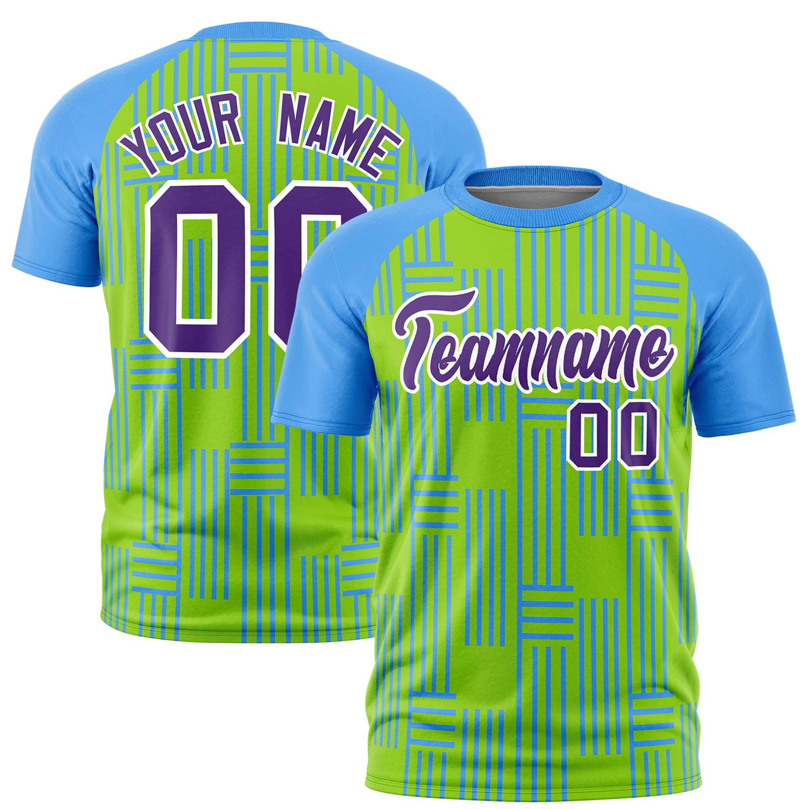 Custom Neon Green-Powder Blue Personalized Line Pattern Performance T-Shirt