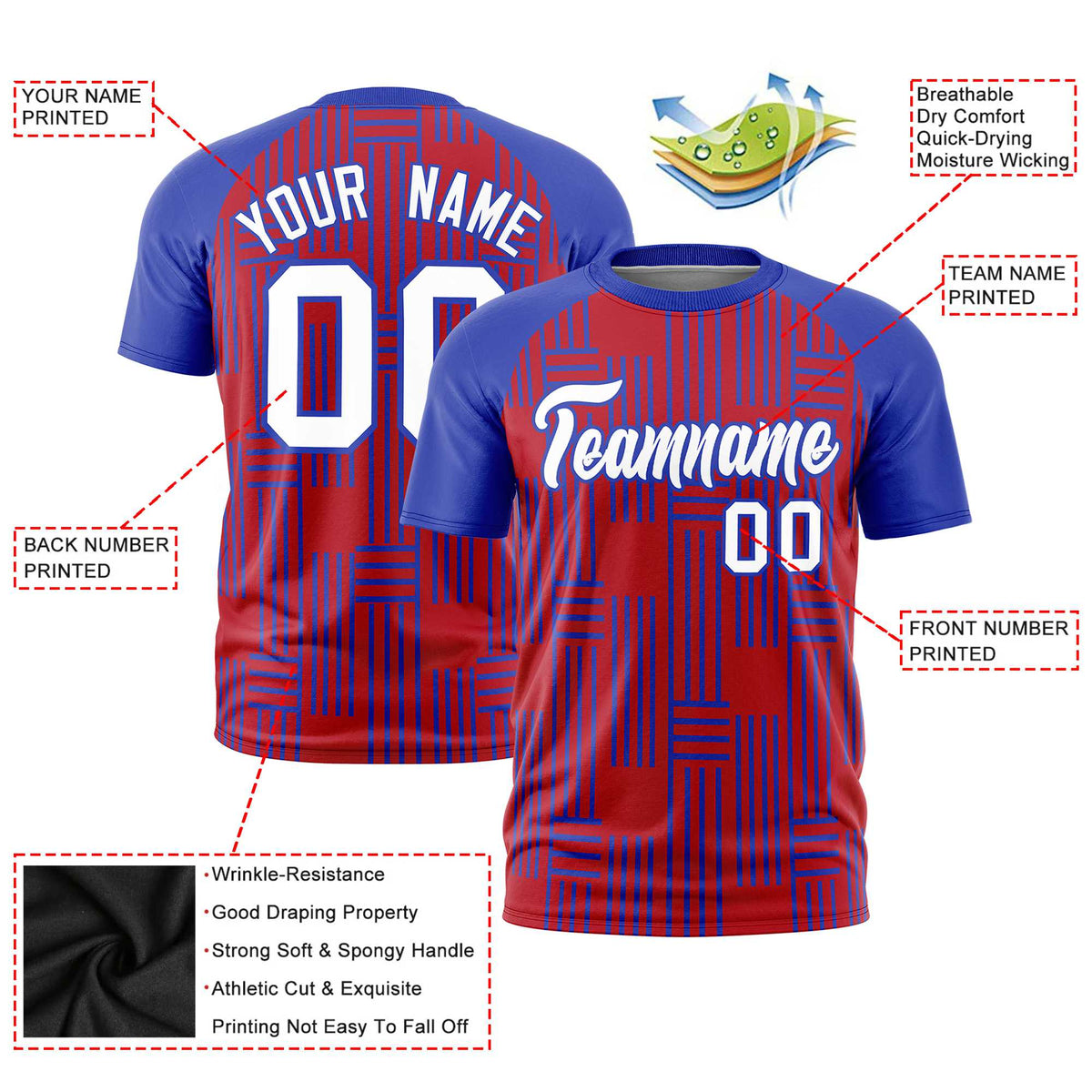Custom Red-Royal Blue Personalized Line Pattern Performance T-Shirt