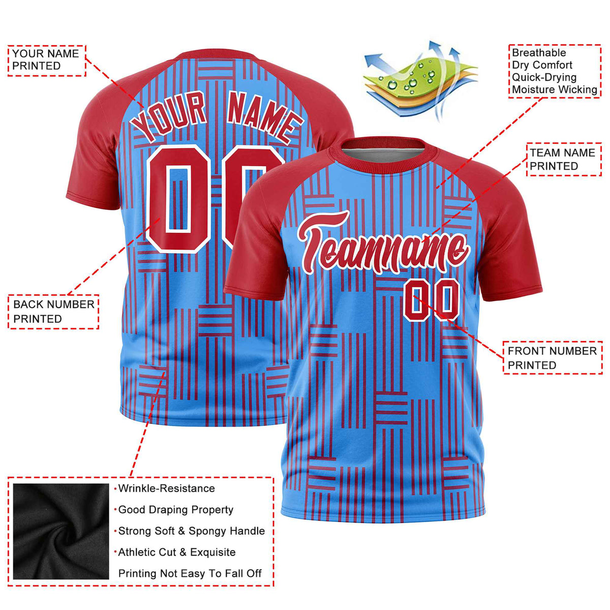 Custom Powder Blue-Red Personalized Line Pattern Performance T-Shirt