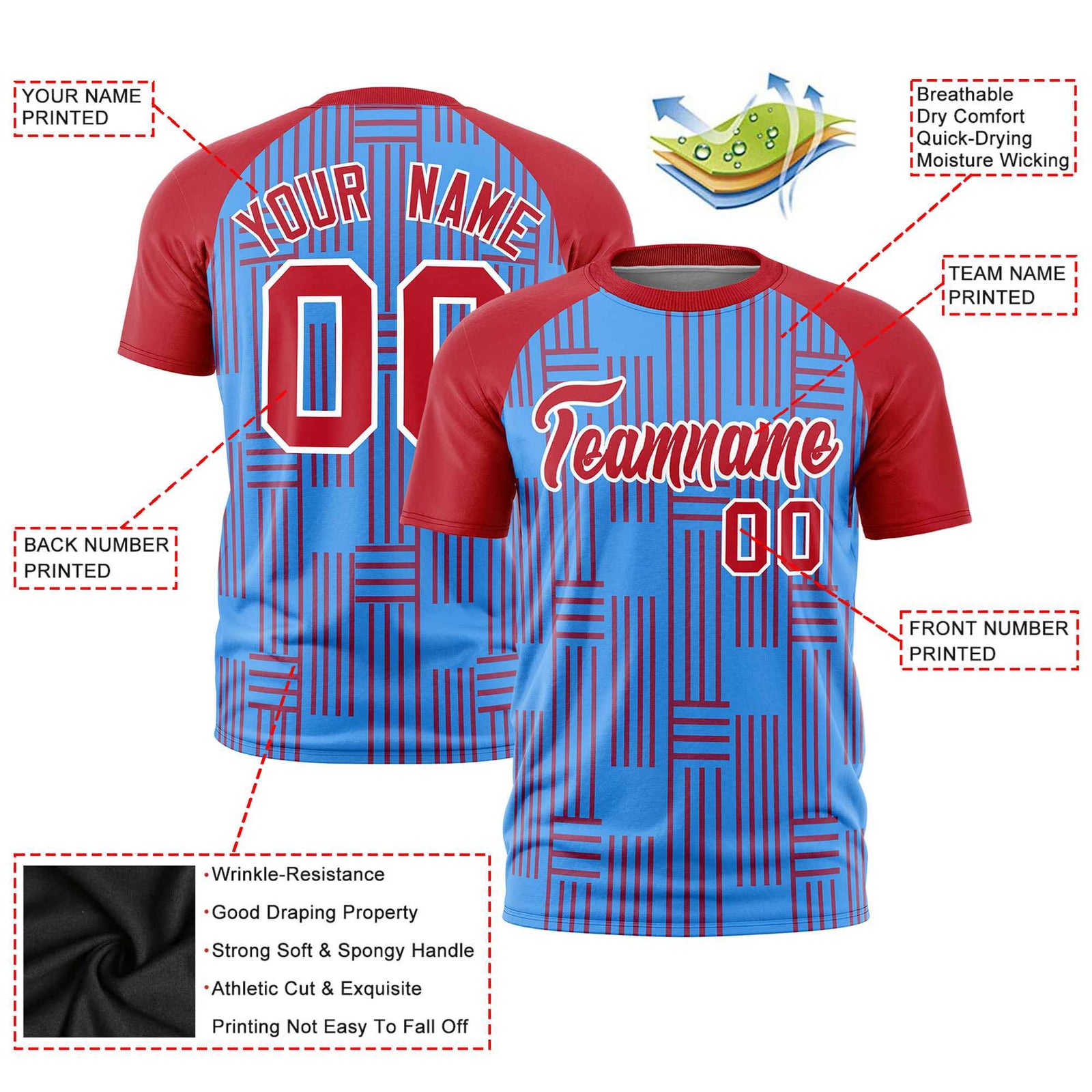 Custom Powder Blue-Red Personalized Line Pattern Performance T-Shirt