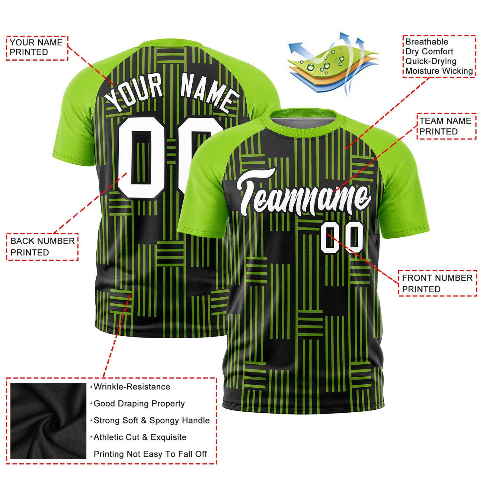 Custom Black-Neon Green Personalized Line Pattern Performance T-Shirt