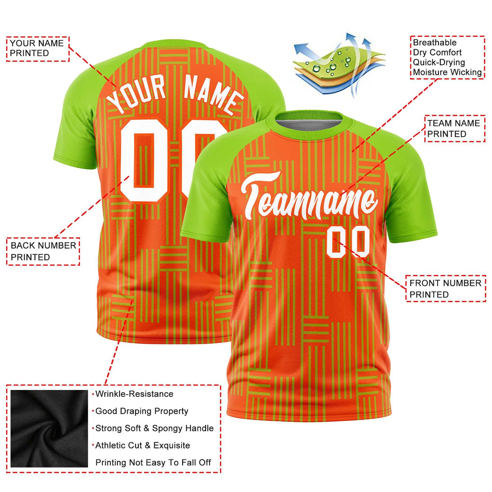Custom Orange-Neon Green Personalized Line Pattern Performance T-Shirt