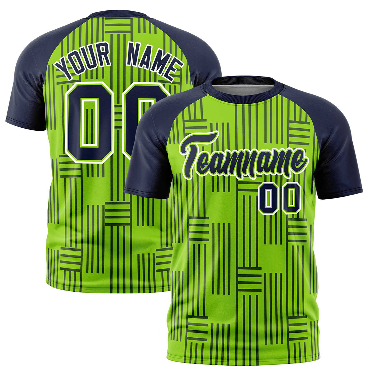 Custom Neon Green-Navy Personalized Line Pattern Performance T-Shirt