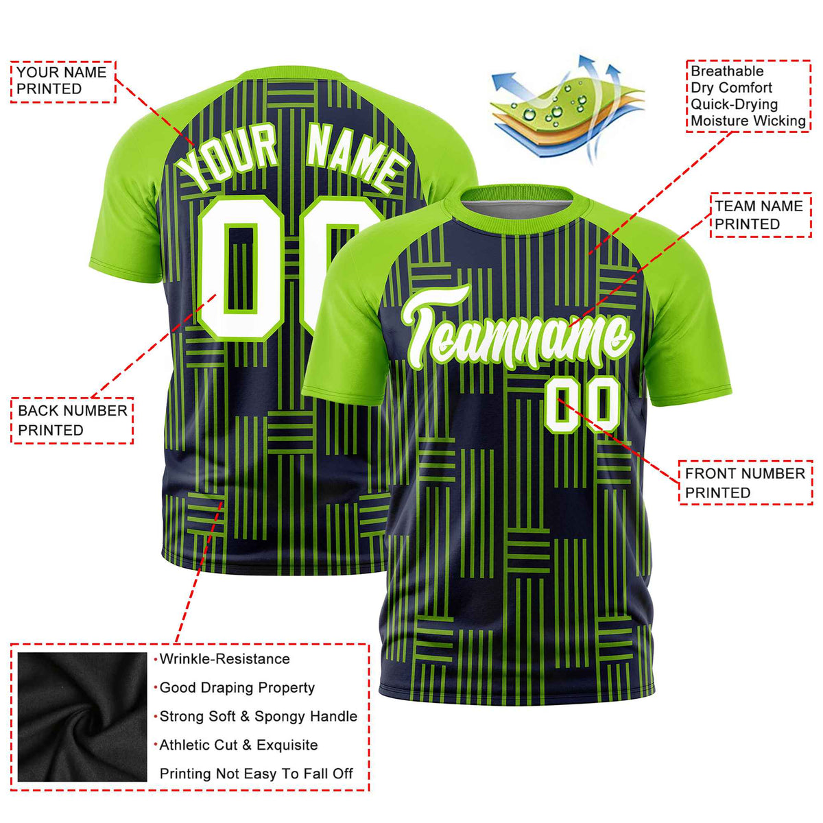 Custom Navy-Neon Green Personalized Line Pattern Performance T-Shirt