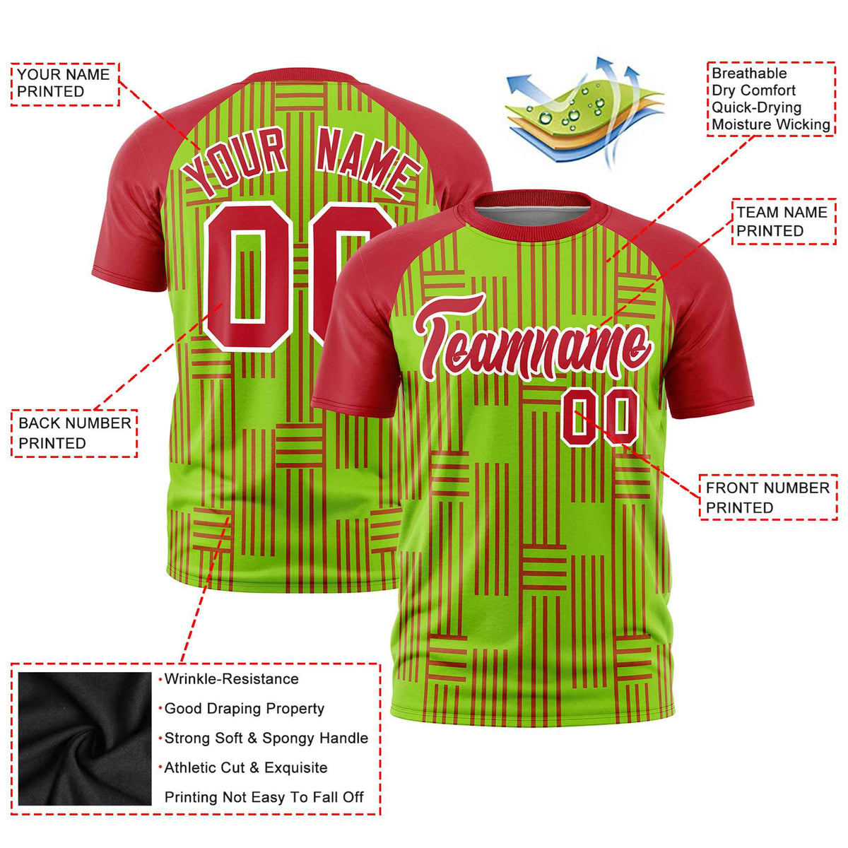 Custom Neon Green-Red Personalized Line Pattern Performance T-Shirt