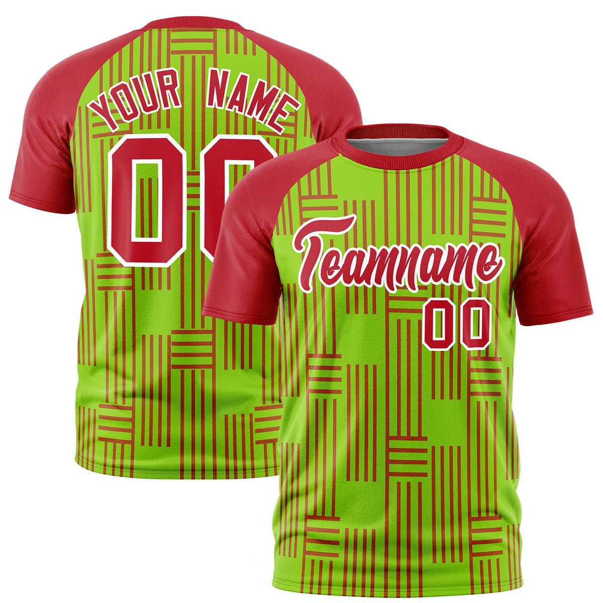 Custom Neon Green-Red Personalized Line Pattern Performance T-Shirt