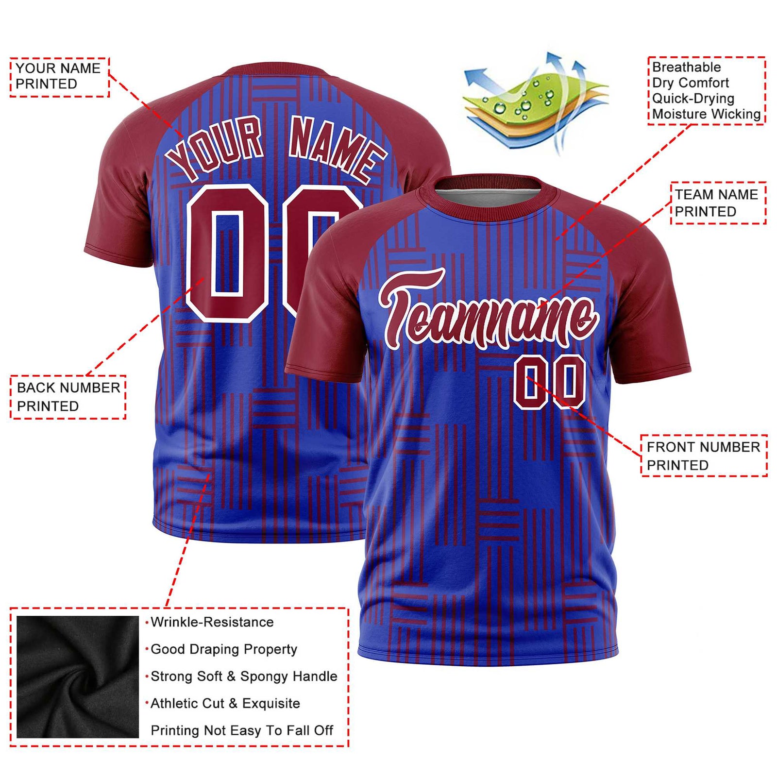 Custom Royal Blue-Crimson Personalized Line Pattern Performance T-Shirt