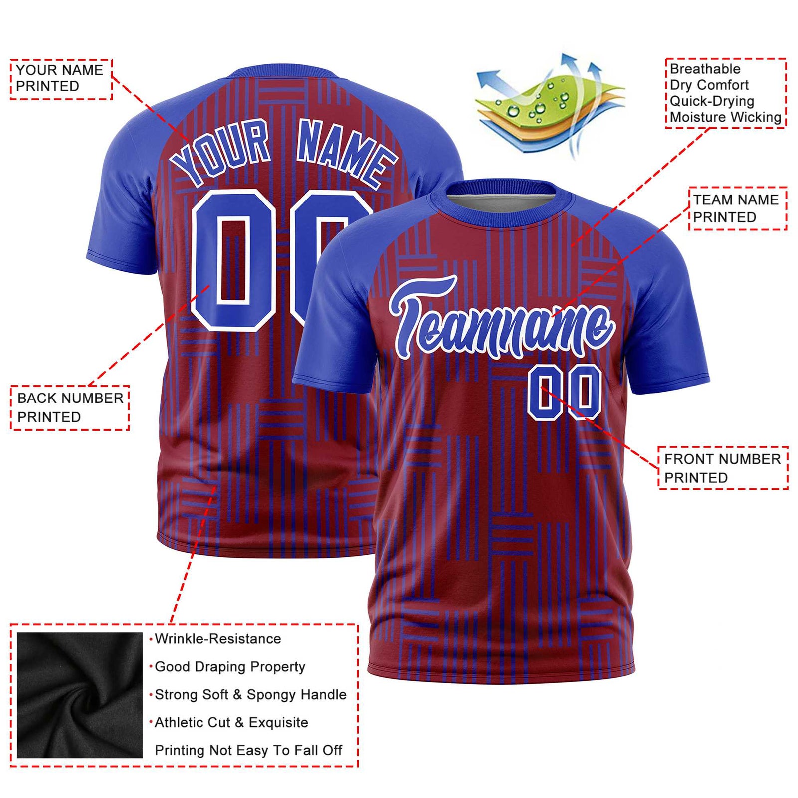 Custom Crimson-Royal Blue Personalized Line Pattern Performance T-Shirt