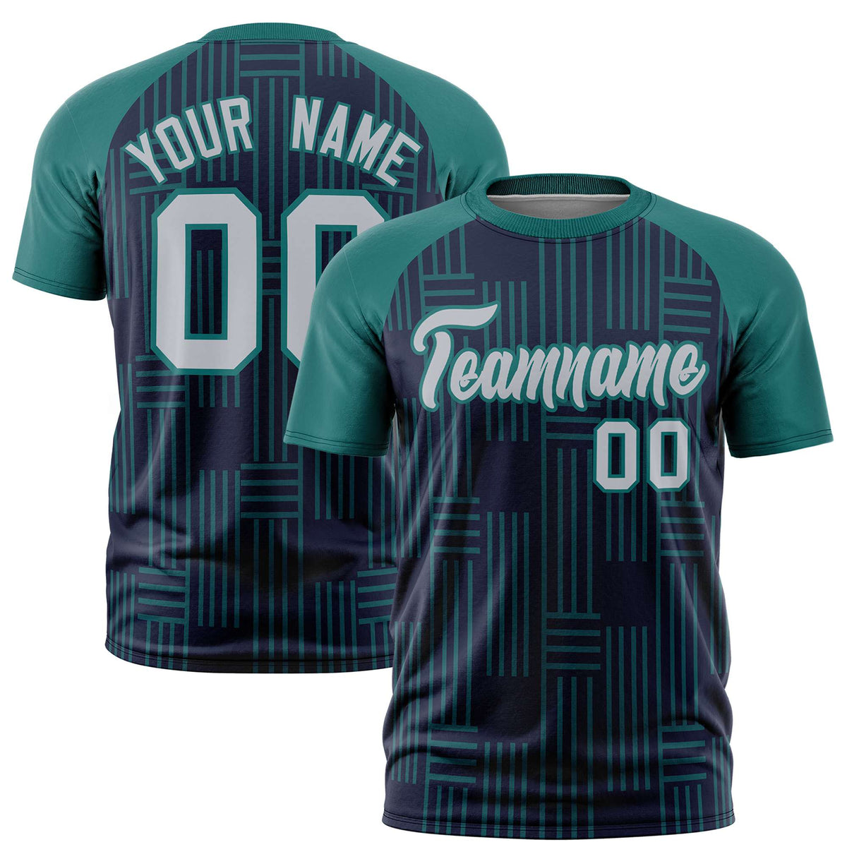 Custom Navy Aqua Personalized Line Pattern Performance T-Shirt