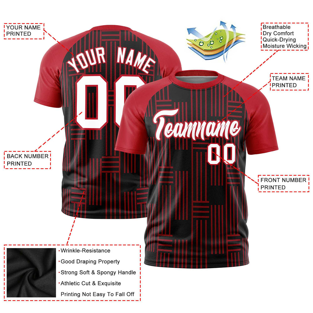 Custom Black Red Personalized Line Pattern Performance T-Shirt