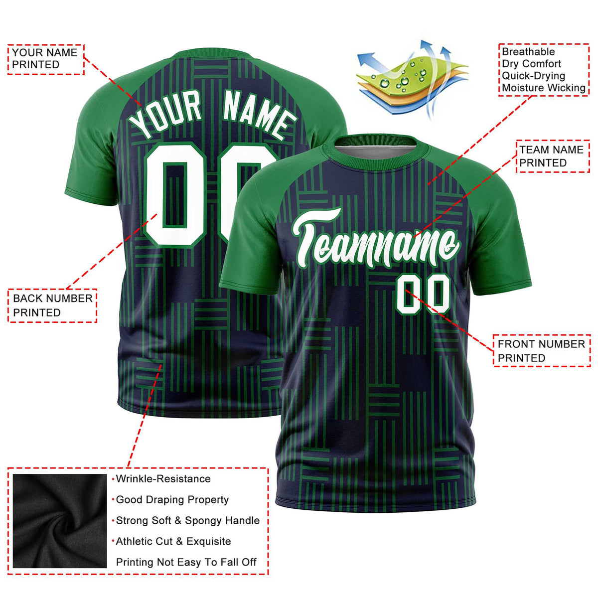 Custom Navy-Kelly Green Personalized Line Pattern Performance T-Shirt