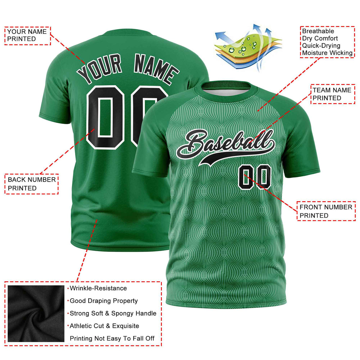 Custom Kelly Green Personalized Line Pattern Performance T-Shirt