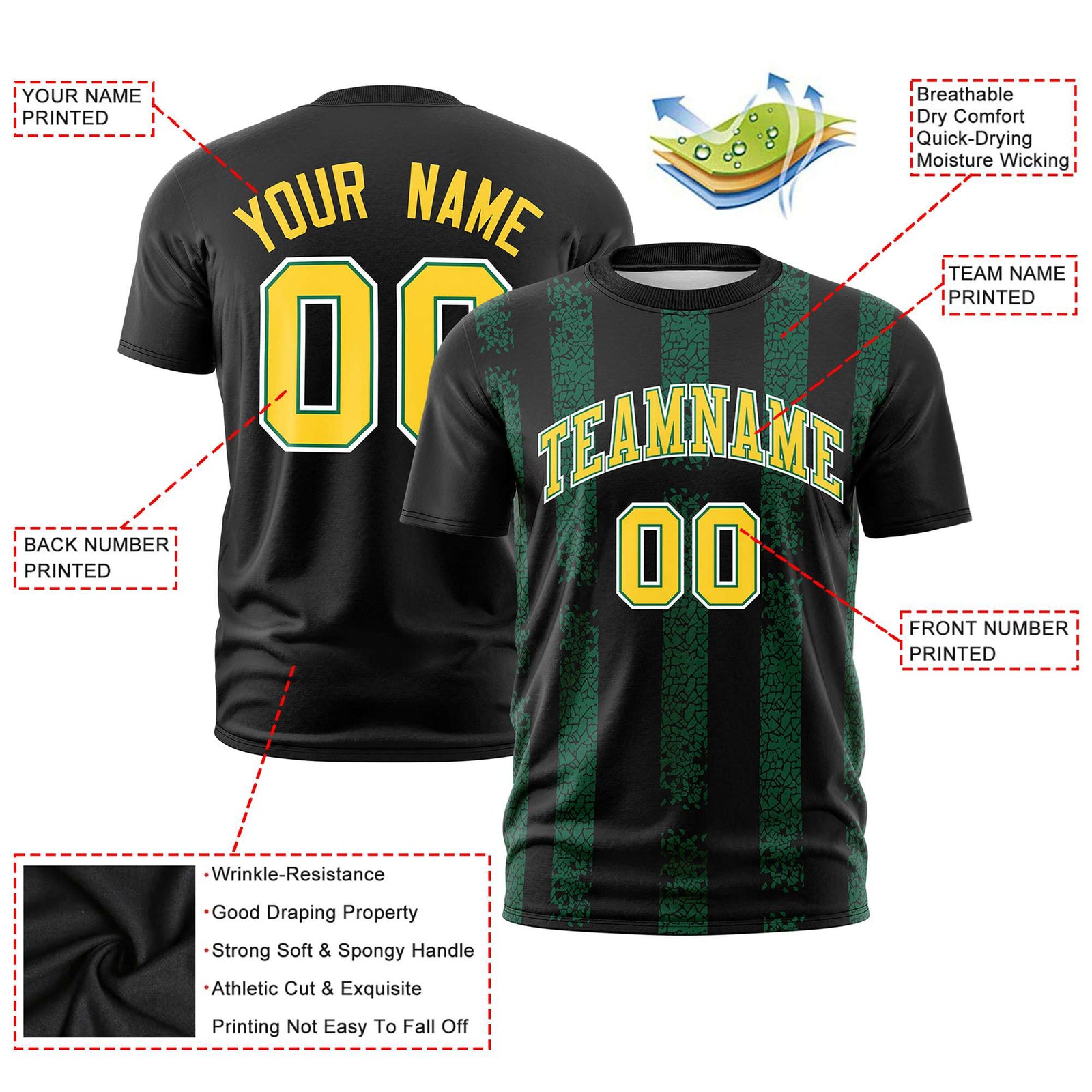 Custom Black-Kelly Green Personalized Chunky Striped Pattern Performance T-Shirt