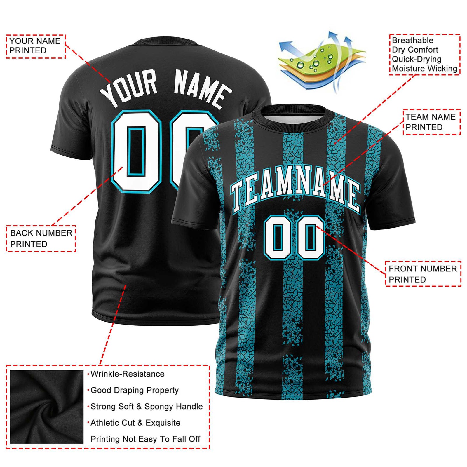 Custom Black-Sky Blue Personalized Chunky Striped Pattern Performance T-Shirt