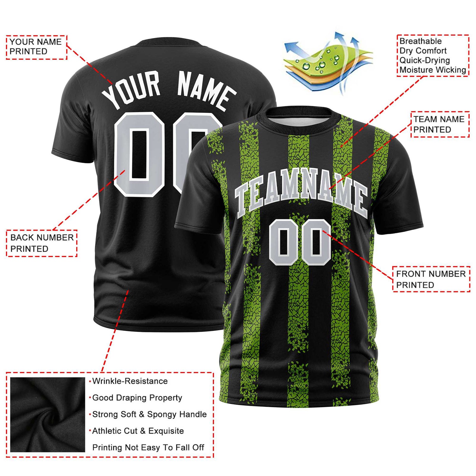 Custom Black-Neon Green Personalized Chunky Striped Pattern Performance T-Shirt
