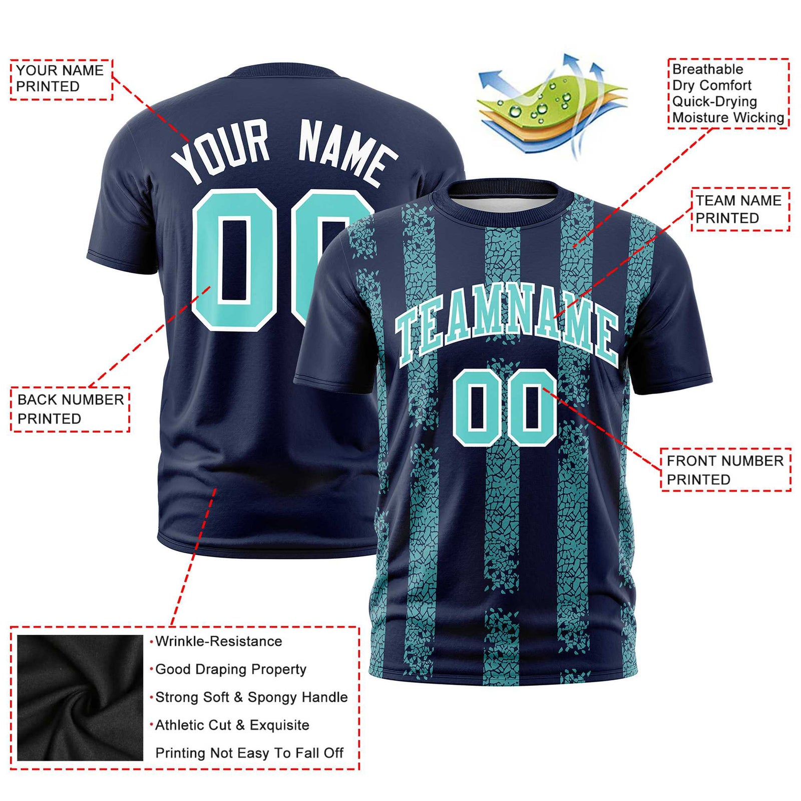 Custom Navy-Sky Blue Personalized Chunky Striped Pattern Performance T-Shirt