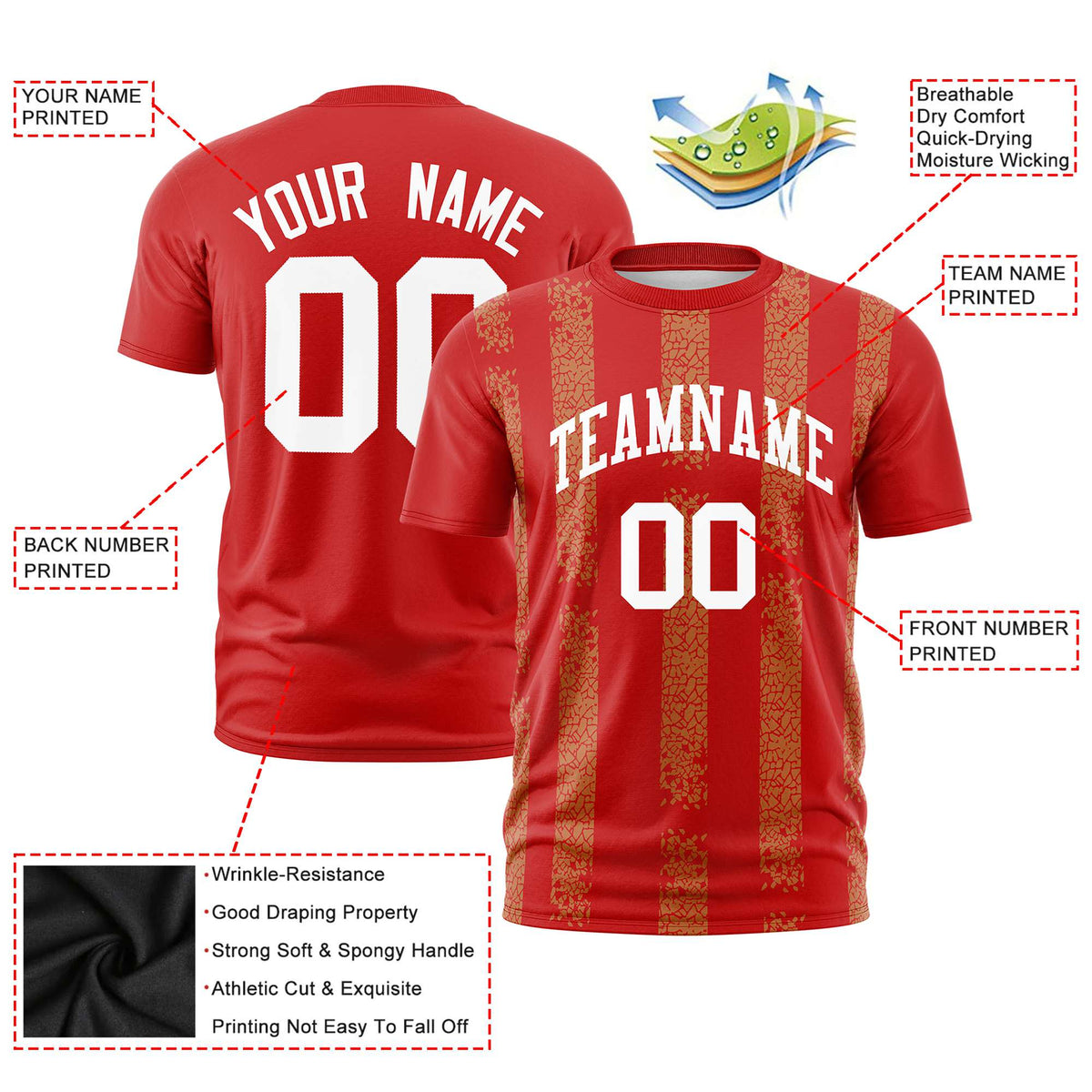 Custom Red-Old Gold Personalized Chunky Striped Pattern Performance T-Shirt